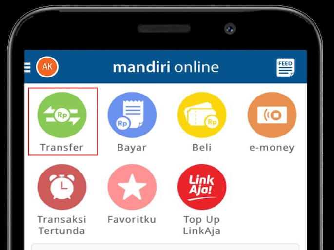 Pada beranda utama aplikasi, klik tulisan “Transfer”